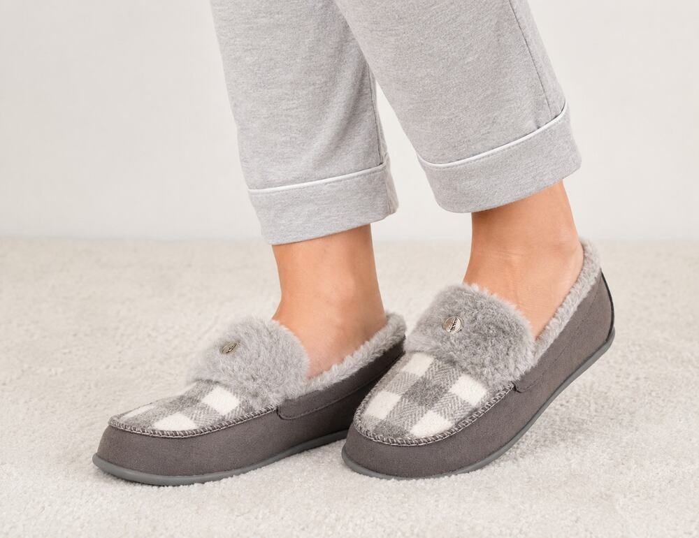 Revitalign Birch Buffalo Check Slippers House Shoes Womens Size 5 Grey New Plaid